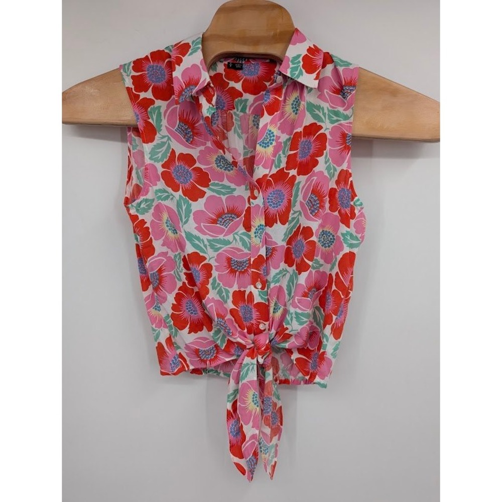 Theory Michiko Maui Silk Sleeveless Tie Front Button Up Floral Blouse Pink Sz S